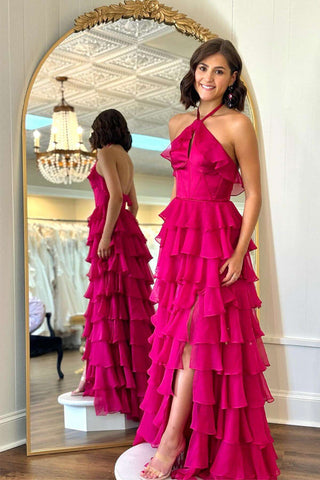 Hermoso vestido de fiesta largo fucsia con volantes y cuello halter PSK577