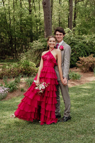 Hermoso vestido de fiesta largo fucsia con volantes y cuello halter PSK577