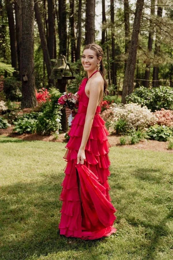 Halter Keyhole Ruffle Tiered Prom Dress with Slit by KissProm