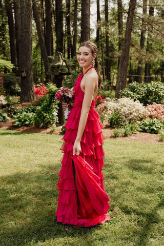 Vestido de fiesta con escote halter, escote en forma de cerradura, volantes y abertura