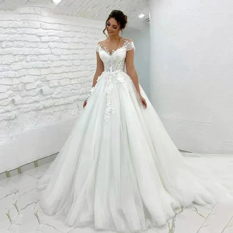 Princess Lace Tulle A Line Wedding Dress Sweetheart Cap Sleeve 3D Appliques Boho Bridal Gowns For Woman Button Vestidos De Novia by payinti