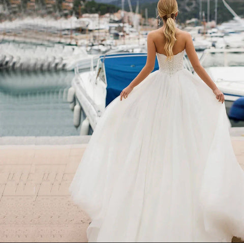 Prinzessin Hochzeitskleid 2021 A-Linie Schatz Ärmellos Rückenfrei Stickerei Chiffon Sweep Zug Brautkleid Vestidos De Noiva 