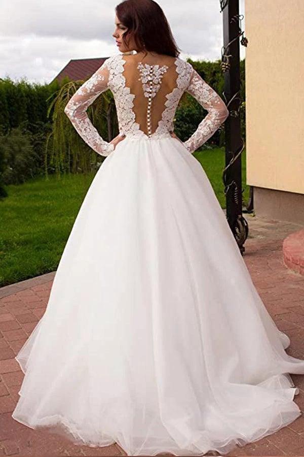 Princess A-Line V-Neck Tulle Ivory Long Sleeves Wedding Dresses WD181 by pgmdress