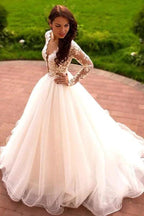 Princess A-Line V-Neck Tulle Ivory Long Sleeves Wedding Dresses WD181 by pgmdress