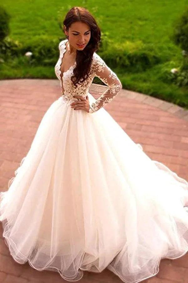 Princess A-Line V-Neck Tulle Ivory Long Sleeves Wedding Dresses WD181 by pgmdress