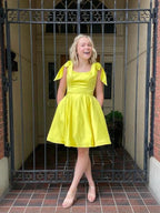 Satin Yellow Homecoming Dress Knee-Length Dresses SYH53 by vivymakudress