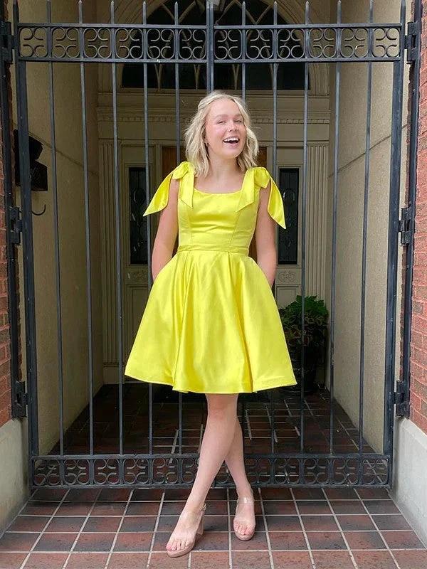 Satin Yellow Homecoming Dress Knee-Length Dresses SYH53 by vivymakudress