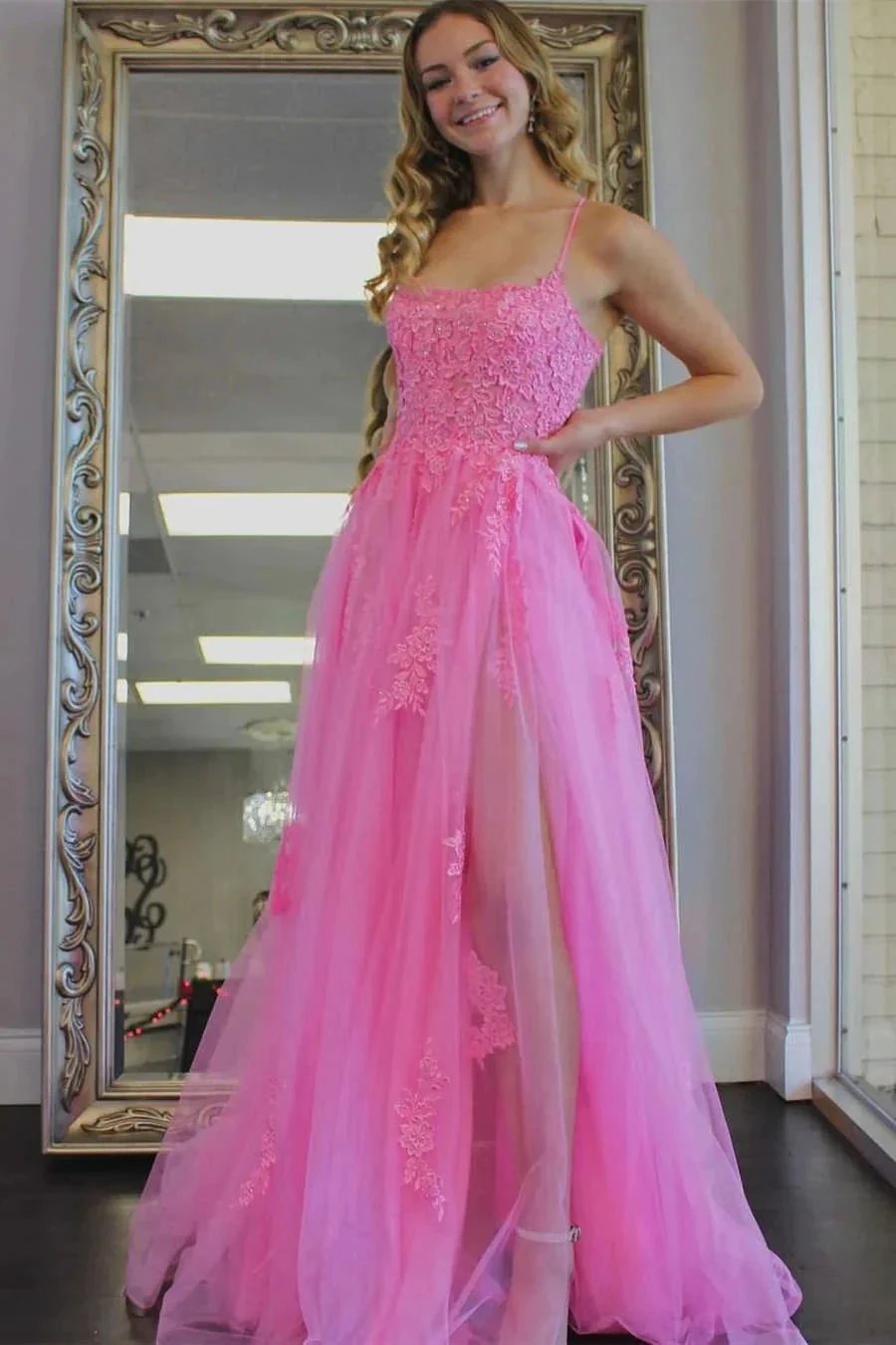 Yellow Prom Dress Appliqued With Slit SYP97 by vivymakudress