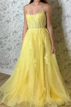 Yellow Prom Dress Appliqued With Slit SYP97 by vivymakudress