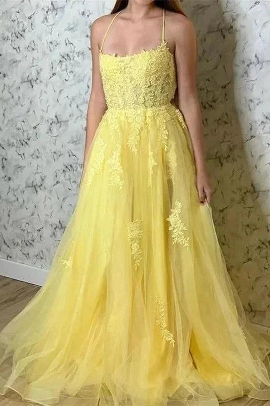Yellow Prom Dress Appliqued With Slit SYP97 by vivymakudress