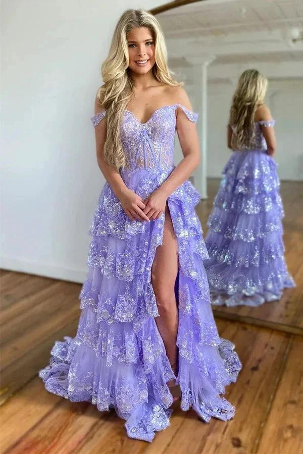 Princess Lace Tiered Stunning Purple Prom Dress With Lace Ruffles PSK517 by pgmdress