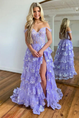 Impresionante vestido de fiesta morado de princesa con volantes de encaje y capas PSK517