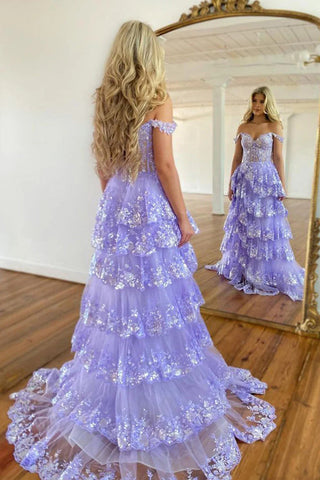 Impresionante vestido de fiesta morado de princesa con volantes de encaje y capas PSK517