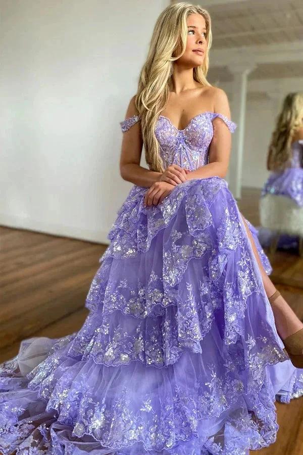 Princess Lace Tiered Stunning Purple Prom Dress With Lace Ruffles PSK517 by pgmdress