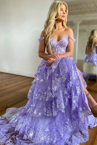 Impresionante vestido de fiesta morado de princesa con volantes de encaje y capas PSK517