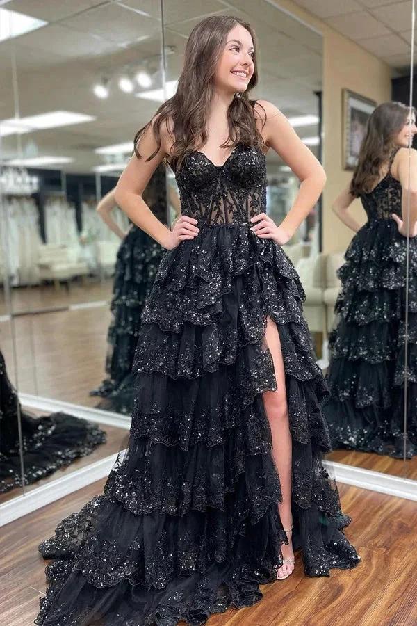 Princess Lace Tiered Stunning Purple Prom Dress With Lace Ruffles PSK517 by pgmdress