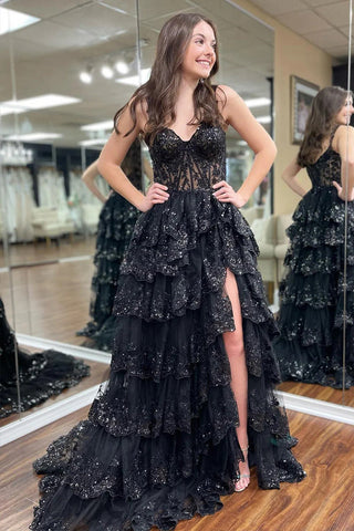 Impresionante vestido de fiesta morado de princesa con volantes de encaje y capas PSK517