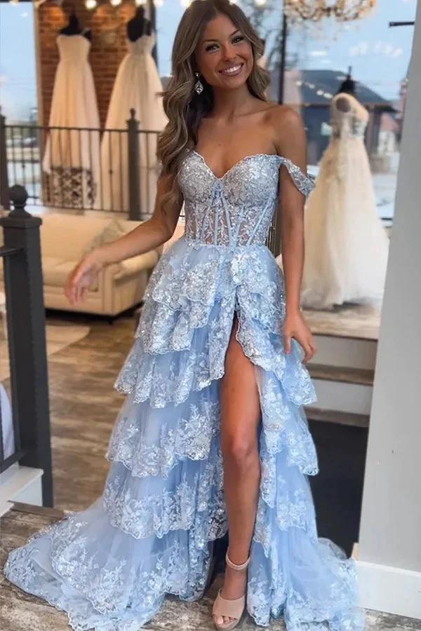 Princess Lace Tiered Stunning Purple Prom Dress With Lace Ruffles PSK517 by pgmdress