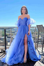 Lavender Puff Sleeves Prom Dress Pleated SYP152 by vivymakudress