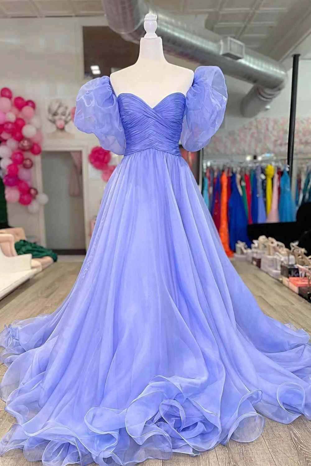 Lavender Puff Sleeves Prom Dress Pleated SYP152 by vivymakudress