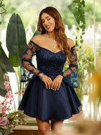 Satin Lace Long Sleeves Short/Mini Dresses SYH60 by vivymakudress