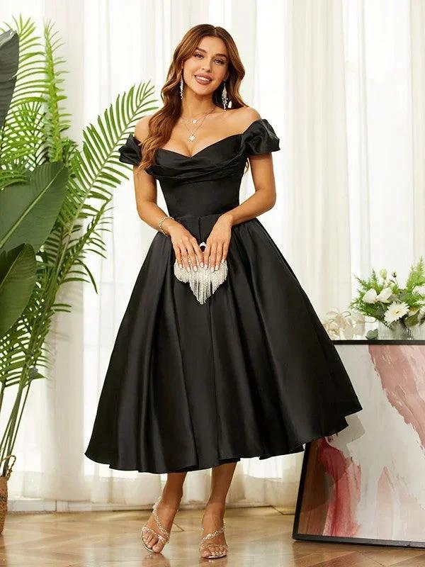 Homecoming Dresses Off the Shoulder Tea-Length Dresses SYH61 by vivymakudress