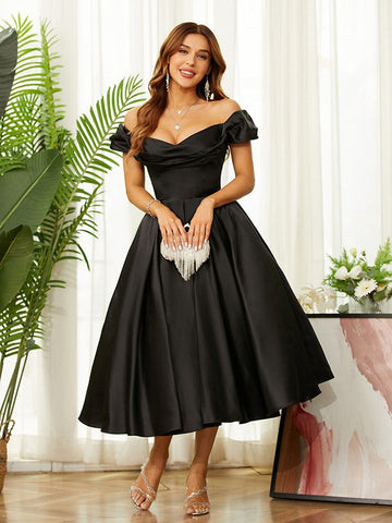 Homecoming Dresses Off the Shoulder Tea-Length Dresses SYH61
