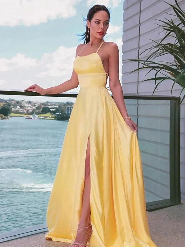 Satin Prom Dress | yellow prom dress | slit in prom dress SYP127 by vivymakudress
