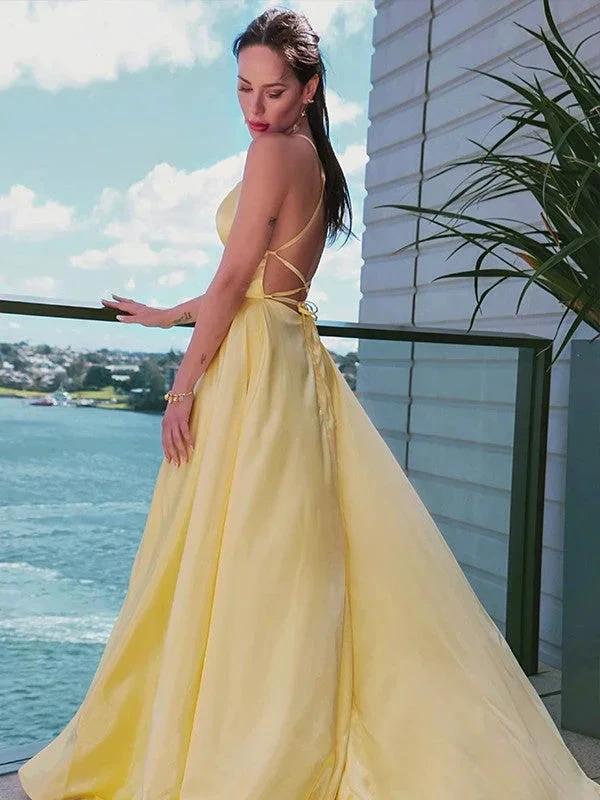 Satin Prom Dress | yellow prom dress | slit in prom dress SYP127 by vivymakudress