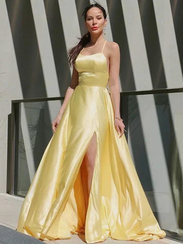 Satin Prom Dress | yellow prom dress | slit in prom dress SYP127 by vivymakudress