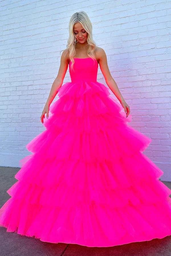 Princess Strapless Tiered Tulle Hot Pink Long Prom Dress PSK603 by pgmdress
