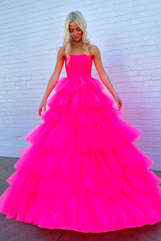 Trägerloses, gestuftes Tüll-Ballkleid in Pink, langes Prinzessinnen-Kleid, PSK603