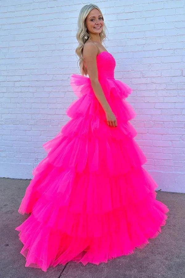Princess Strapless Tiered Tulle Hot Pink Long Prom Dress PSK603 by pgmdress