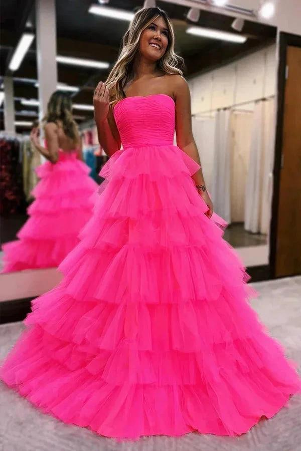 Princess Strapless Tiered Tulle Hot Pink Long Prom Dress PSK603 by pgmdress