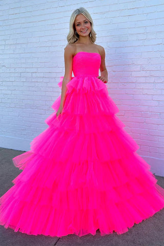 Trägerloses, gestuftes Tüll-Ballkleid in Pink, langes Prinzessinnen-Kleid, PSK603