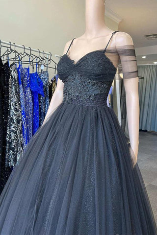 Vestido de fiesta largo negro de tul con escote corazón y hombros descubiertos, estilo princesa PSK378