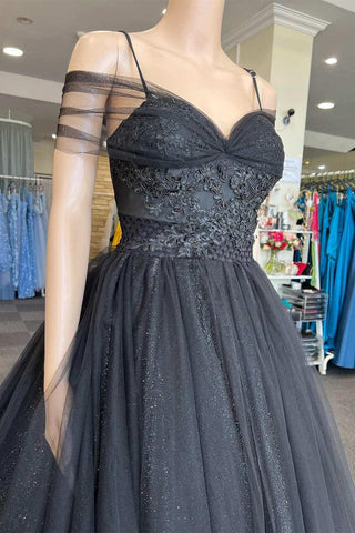 Vestido de fiesta largo negro de tul con escote corazón y hombros descubiertos, estilo princesa PSK378