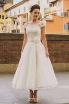 Princess Tea-Length Tulle Wedding Dresses With Appliqued Flowers WD684 by pgmdress