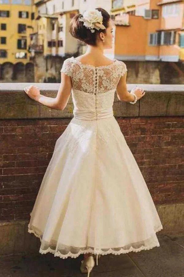 Princess Tea-Length Tulle Wedding Dresses With Appliqued Flowers WD684 by pgmdress
