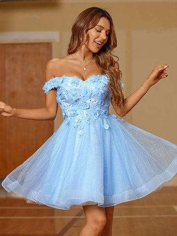 Vestidos cortos/mini con hombros descubiertos y apliques de tul SYH59 