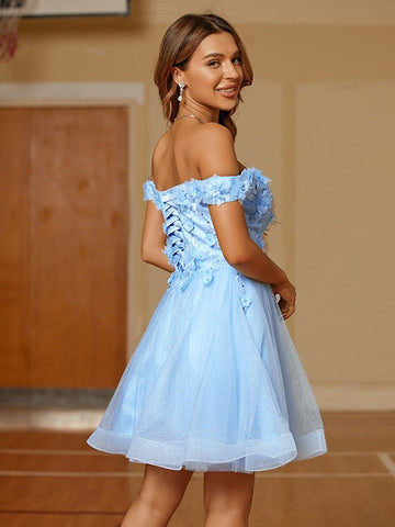 Vestidos cortos/mini con hombros descubiertos y apliques de tul SYH59 