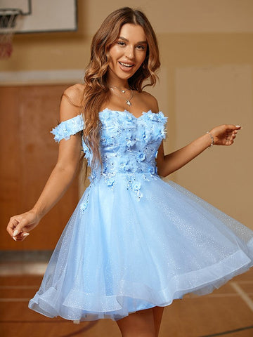 Vestidos cortos/mini con hombros descubiertos y apliques de tul SYH59 