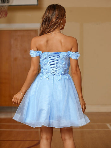 Vestidos cortos/mini con hombros descubiertos y apliques de tul SYH59 