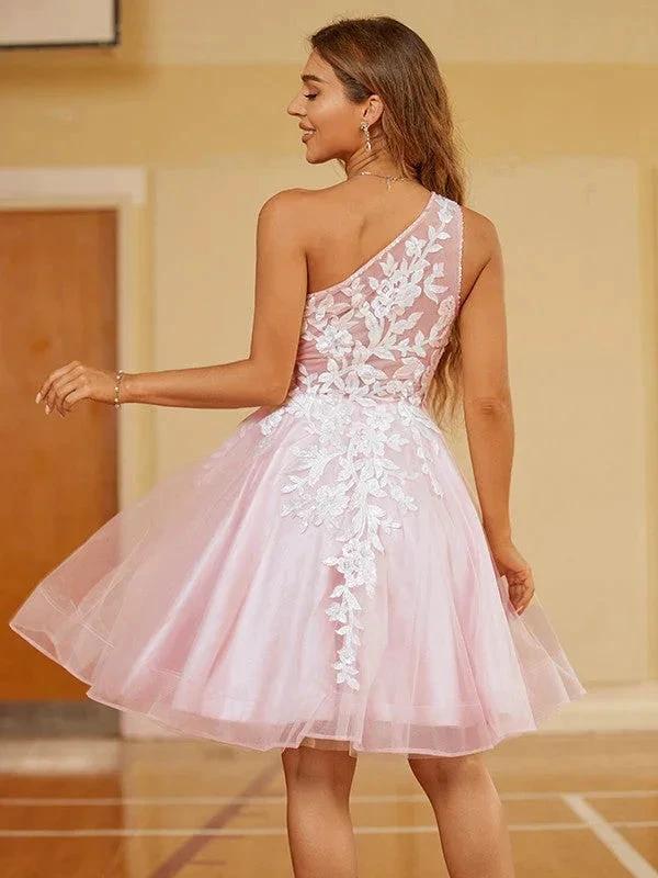 Tulle Homecoming Dresses One Shoulder Short Prom Dress SYH48 by vivymakudress
