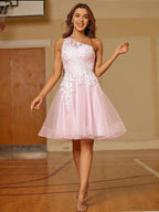 Tulle Homecoming Dresses One Shoulder Short Prom Dress SYH48 by vivymakudress