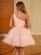 Tulle Ruffles One-Shoulder Short/Mini Dresses SYH57 by vivymakudress