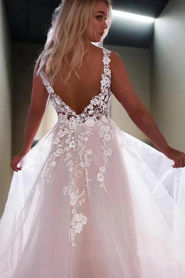 Princess V-Neck Sweep Train Wedding Dresses With Lace Appliques WD710 by pgmdress