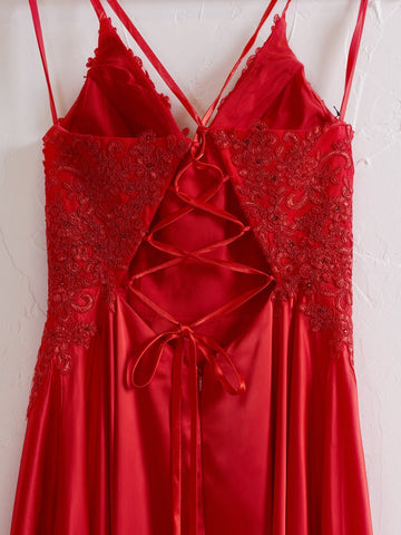 Vestido de fiesta Sunnderly de corte A con tirantes finos, espalda corsé y abertura