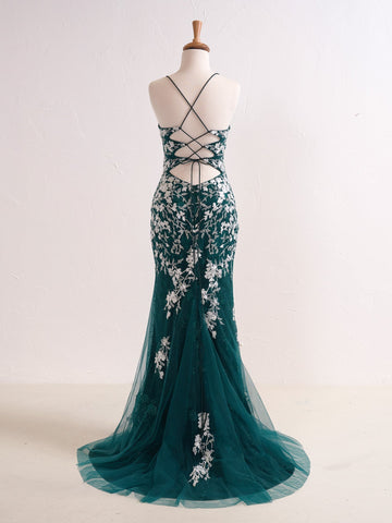 Elizabell | Langes Ballkleid im Meerjungfrauen-Stil mit V-Ausschnitt und Perlenapplikationen