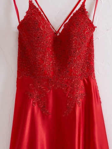 Vestido de fiesta Sunnderly de corte A con tirantes finos, espalda corsé y abertura